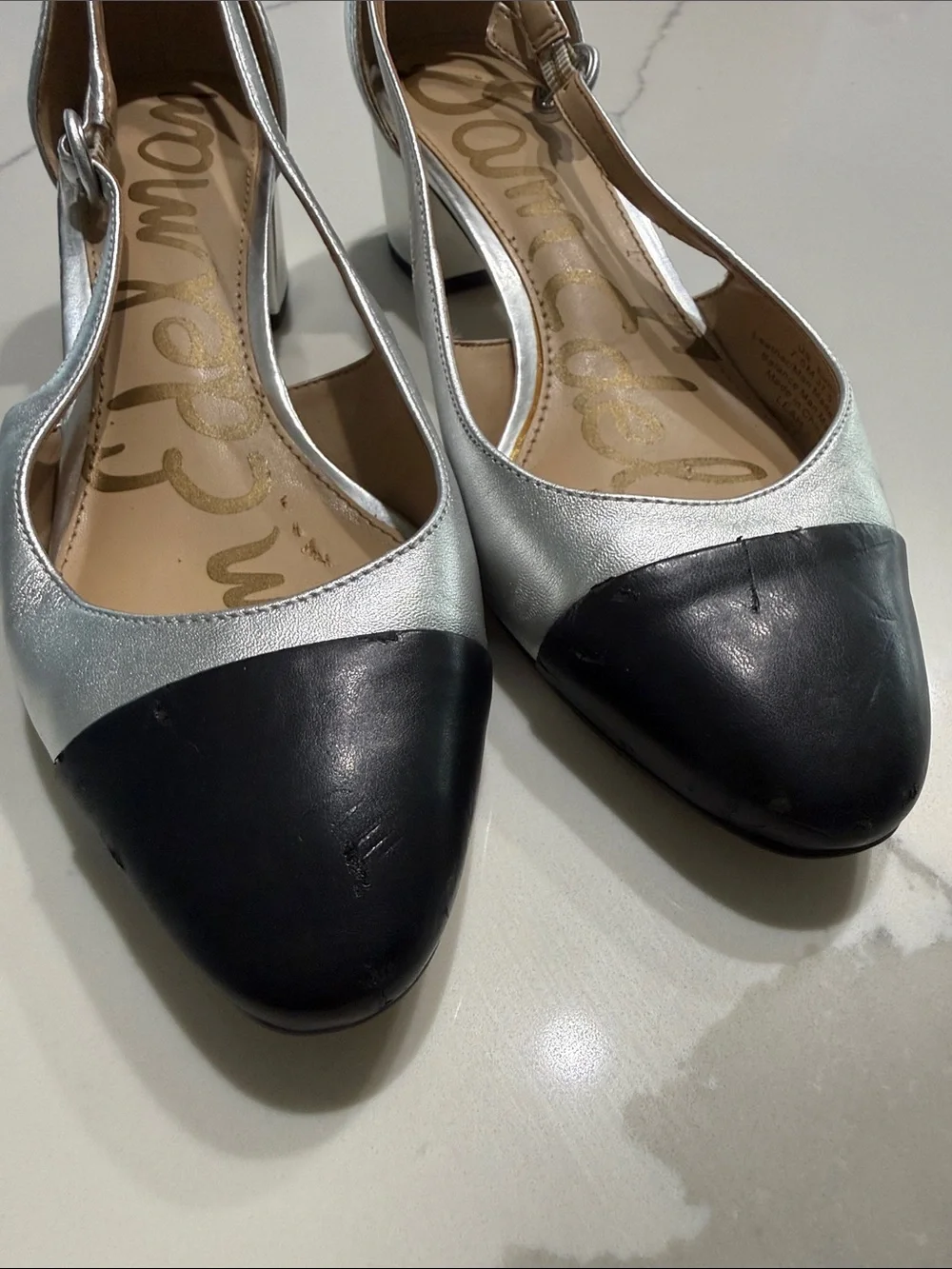 Sam Edelman Silver and Black Slingback Block Heel Pumps